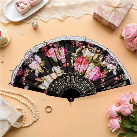 Elegant Floral Lace Folding Hand Fan – 6 Pieces Black with Colorful Roses - Picture 5 of 5